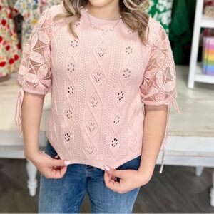 LISTICLE Peach Lace Sleeve Knit Top